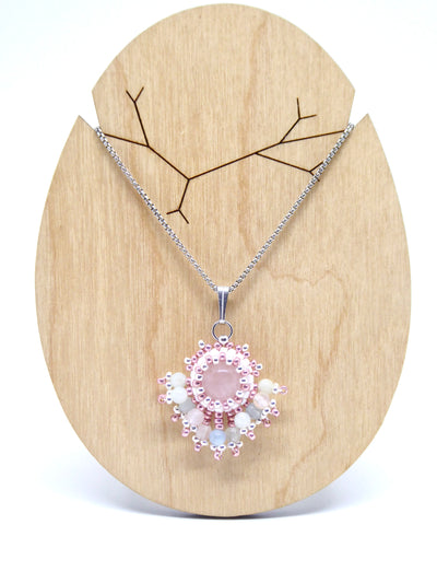 Charms - Tiss’Mé - pierre naturelle Quartz rose - tissage perles Miyuki - acier inoxydable