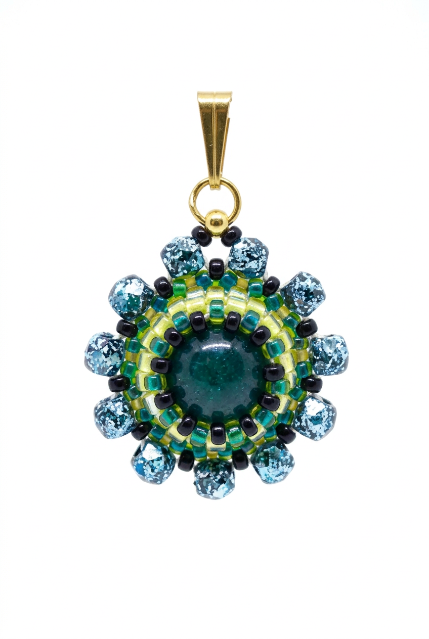 Charm/pendentif pierre naturelle Agate mousse - Tiss'Mé bijoux - artisanat parisien - fait main sertissage perles Miyuki