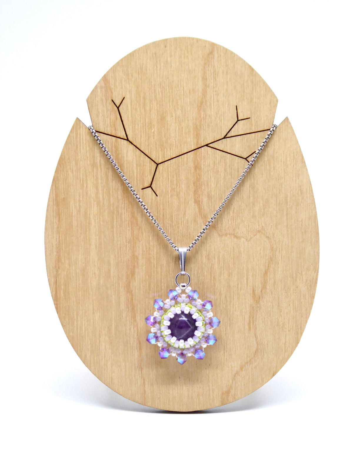 Charm - Tiss’Mé - pierre naturelle Améthyste - tissage perles Miyuki - acier inoxydable