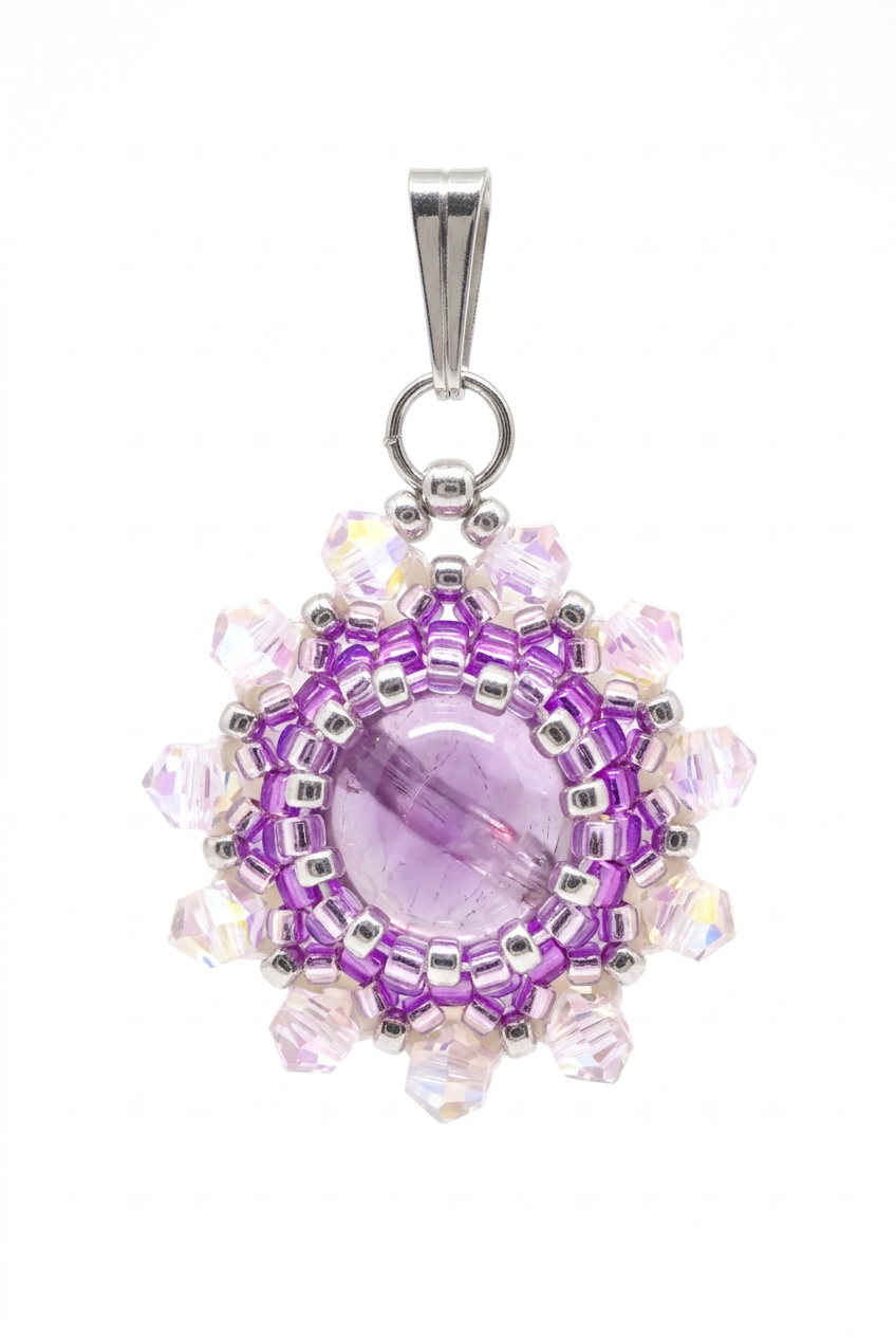 Charm/pendentif pierre naturelle Cristal de roche - Tiss'Mé bijoux - artisanat parisien - fait main sertissage perles Miyuki