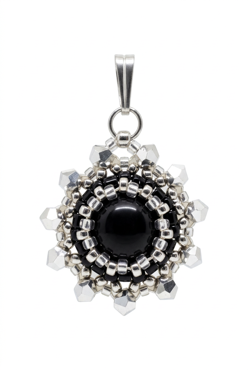 Charm/pendentif pierre naturelle Obsidienne noire - Tiss'Mé bijoux - artisanat parisien - fait main sertissage perles Miyuki
