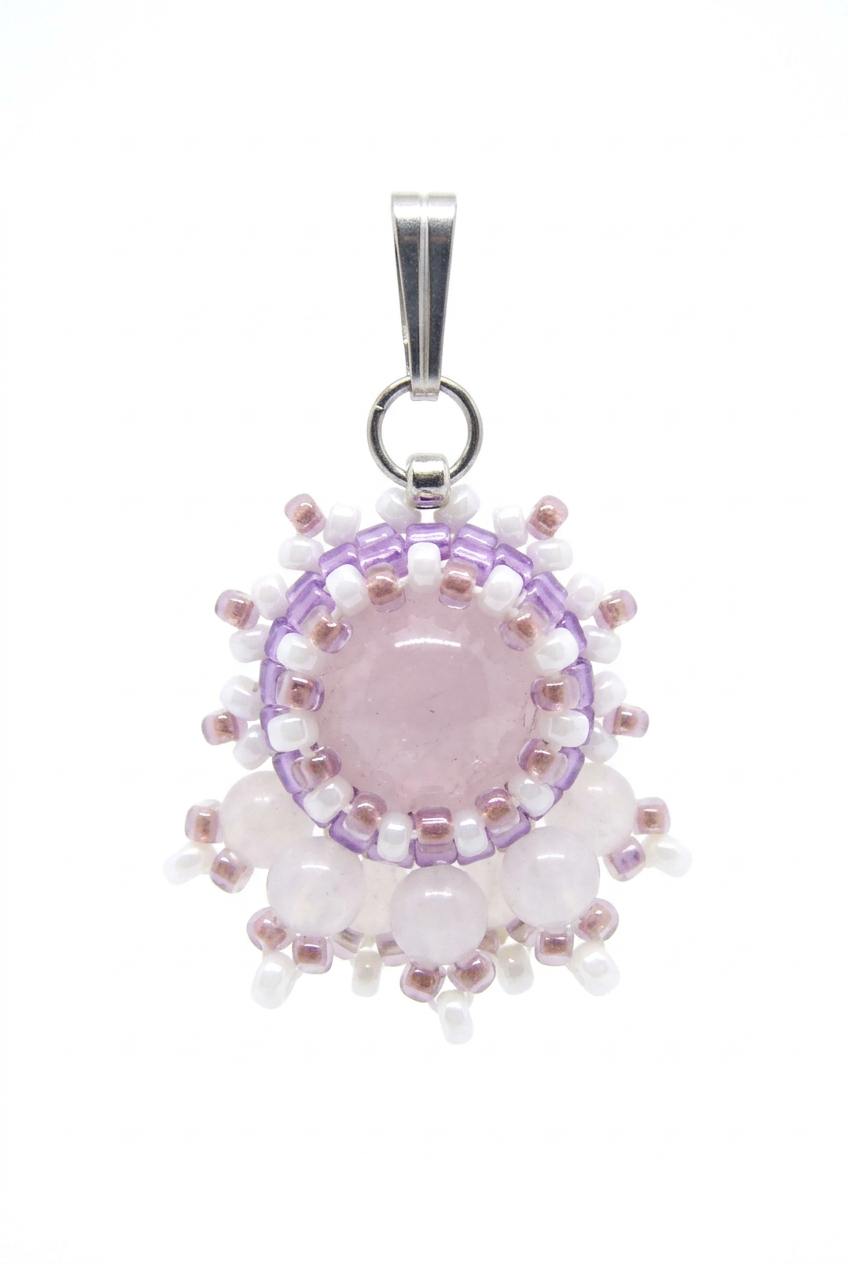 Charm/pendentif pierre naturelle Quartz rose - Tiss'Mé bijoux - artisanat parisien - fait main sertissage perles Miyuki