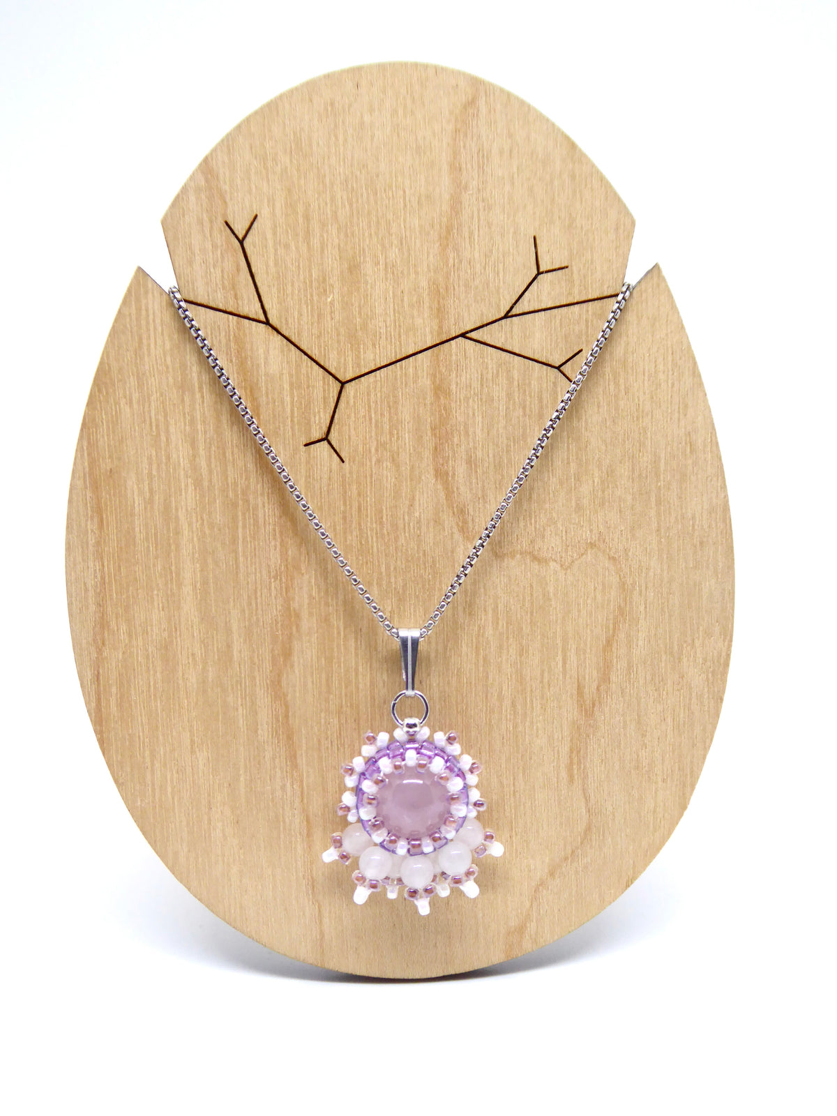 Charm - Tiss’Mé - pierre naturelle Quartz rose - tissage perles Miyuki - acier inoxydable