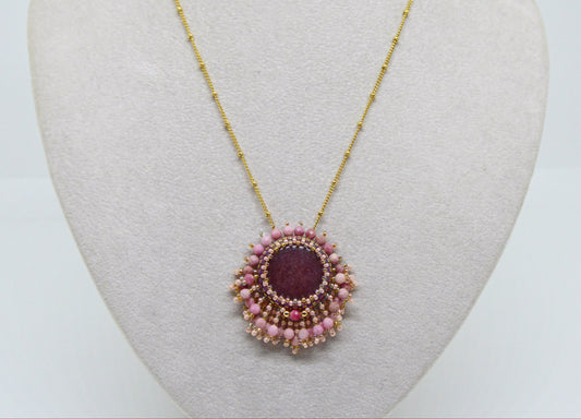 Collier Montréal Tiss’Mé - pierre naturelle Quartz à inclusions de Lépidolite du Canada - tissage perles Miyuki - gold filled 14k - artisanat d'art
