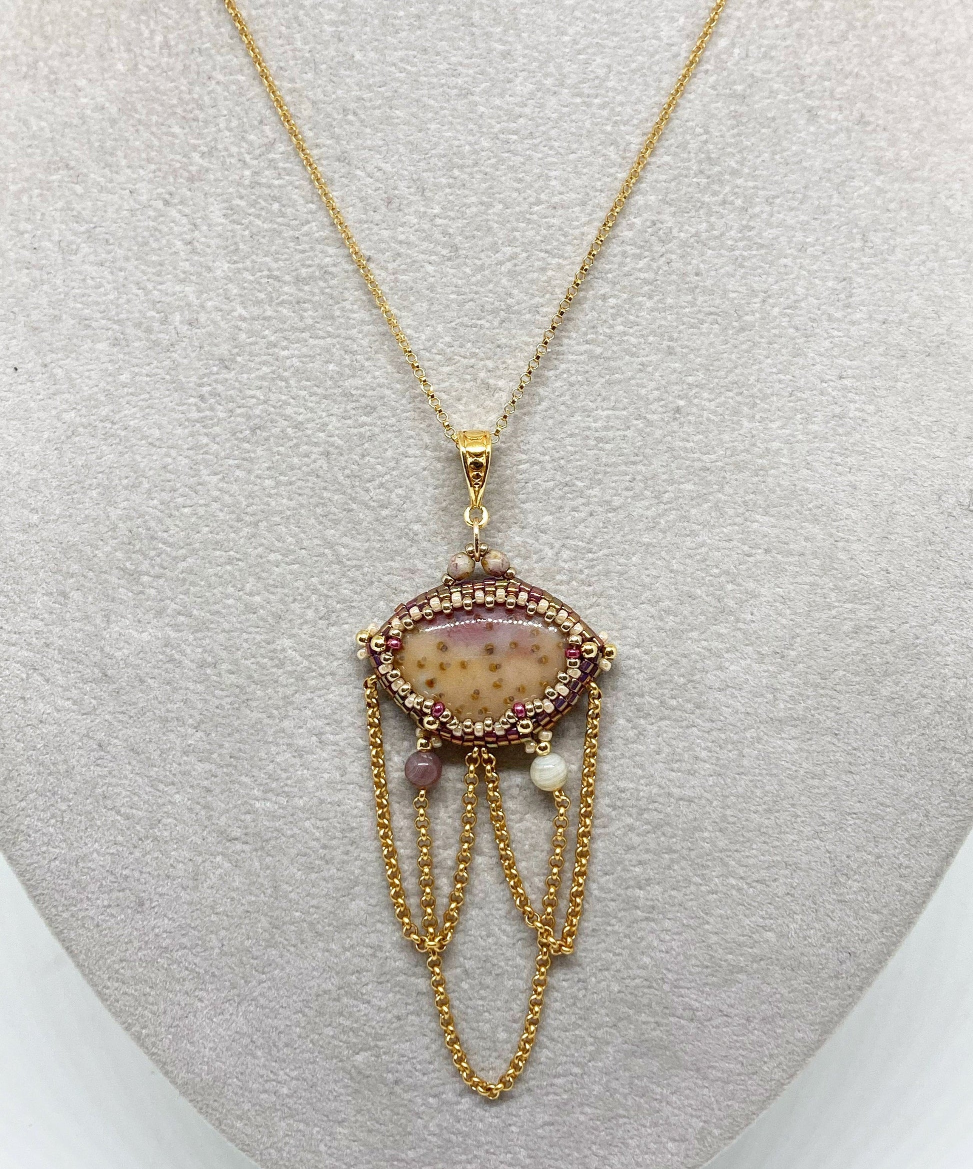 Collier New Orleans Tiss’Mé - pierre naturelle Bois de palmier pétrifié - tissage perles Miyuki - gold filled 14k - artisanat d'art