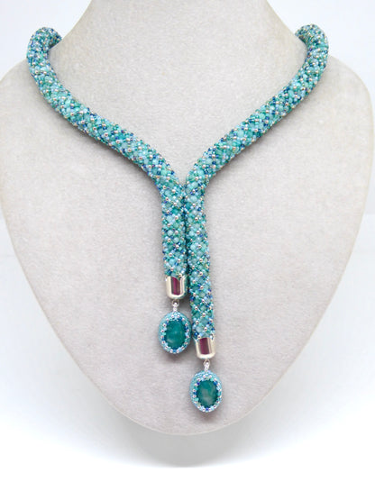 Collier Olinda — tissage tubulaire Miyuki et Amazonites, embouts coquilles argent 925 — fait-main à Paris — Tiss'Mé