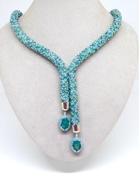 Collier Olinda — tissage tubulaire Miyuki et Amazonites, embouts coquilles argent 925 — fait-main à Paris — Tiss'Mé