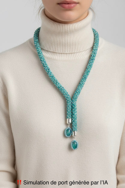 Collier Olinda porté (IA) — tissage tubulaire Miyuki et Amazonite — fait-main artisanat Parisien — Tiss'Mé 