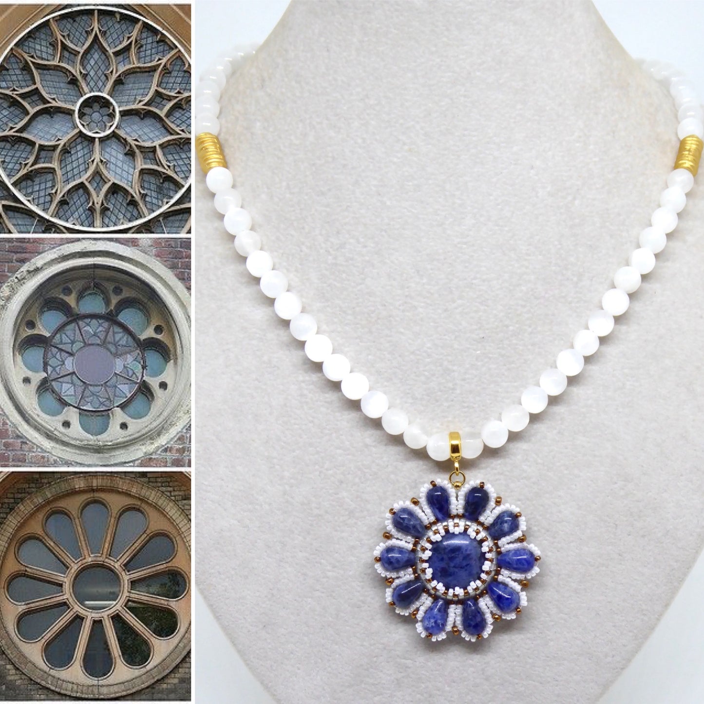 Détails collier Reims - Sodalite et Sélénite - bijou artisanal Paris -Tiss'Mé