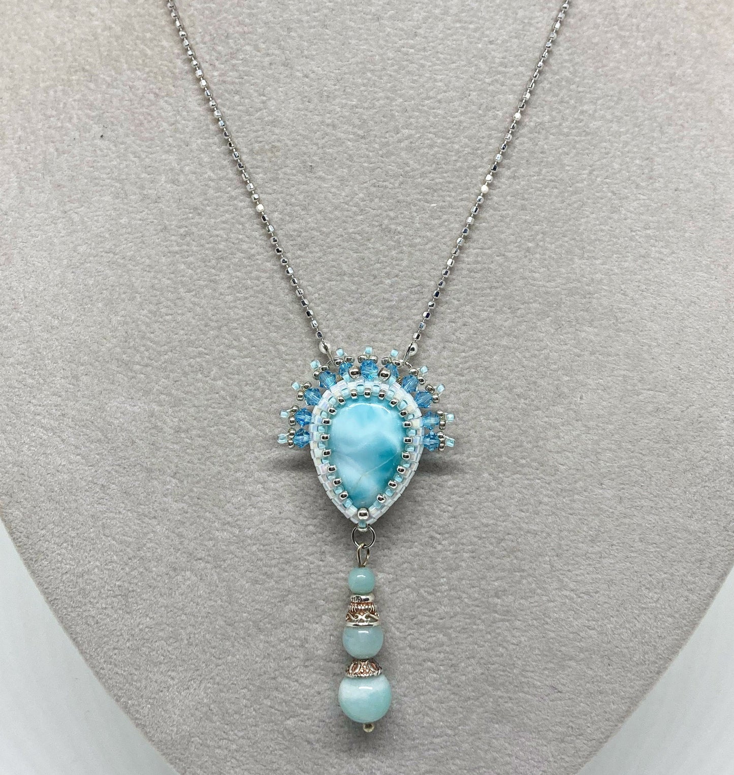 Collier Saint-Domingue Tiss’Mé - pierre naturelle Larimar - tissage perles Miyuki - argent 925 - artisanat d'art