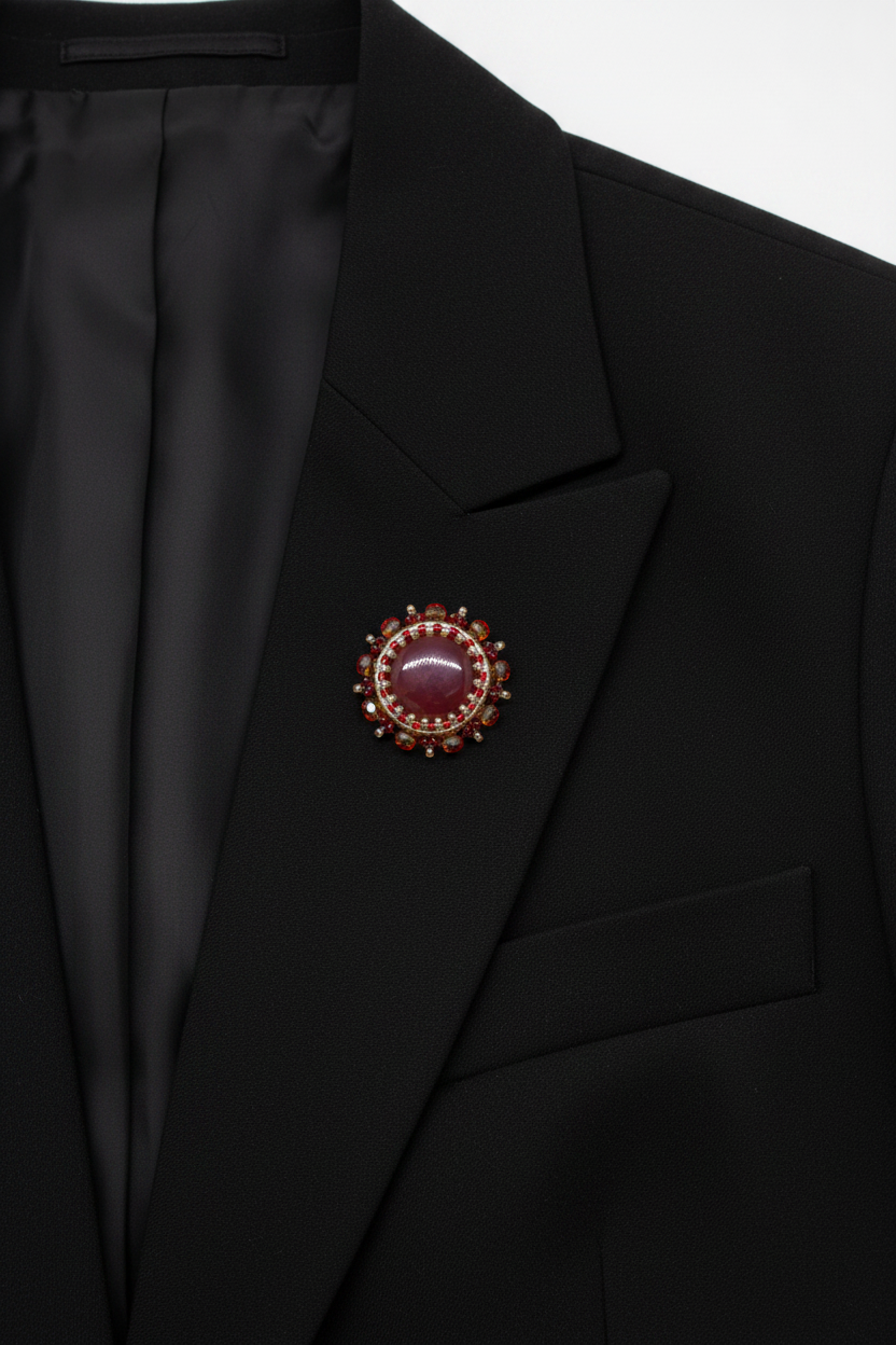 Pin's modèle Meunes minéral naturel Silex Jaspé de France - fabrication artisanale Tiss'Mé - tissage perles Miyuki et verre de Bohème