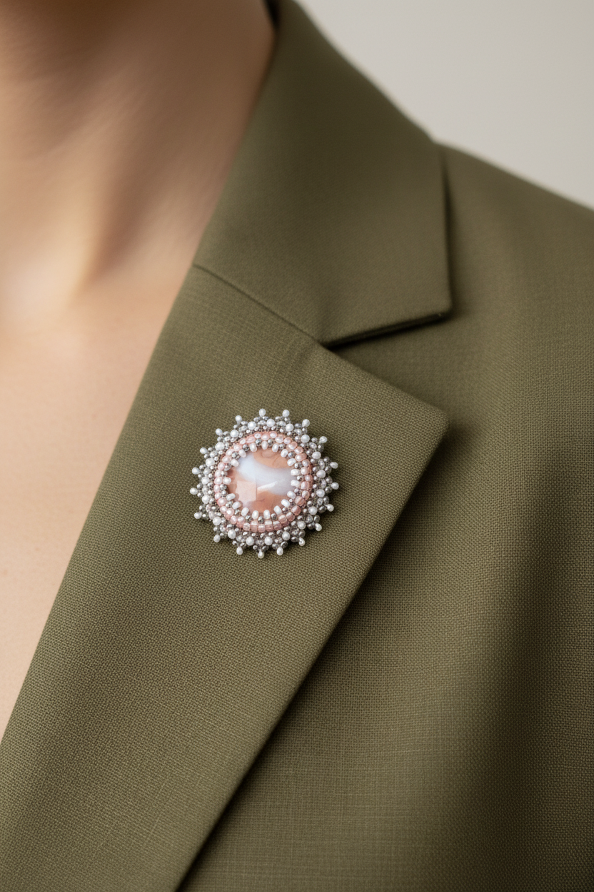 Pin's Pachuca pierre naturelle Agate "coton" - fabrication artisanale Tiss'Mé - tissage perles Miyuki et cristaux 
