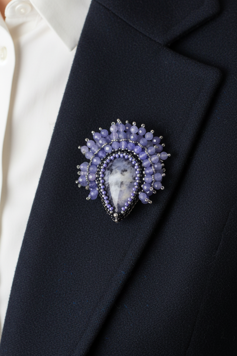 Pin's Santa Fe pierre naturelle Merlinite - fabrication artisanale Tiss'Mé - tissage perles Miyuki et perles de Tanzanite